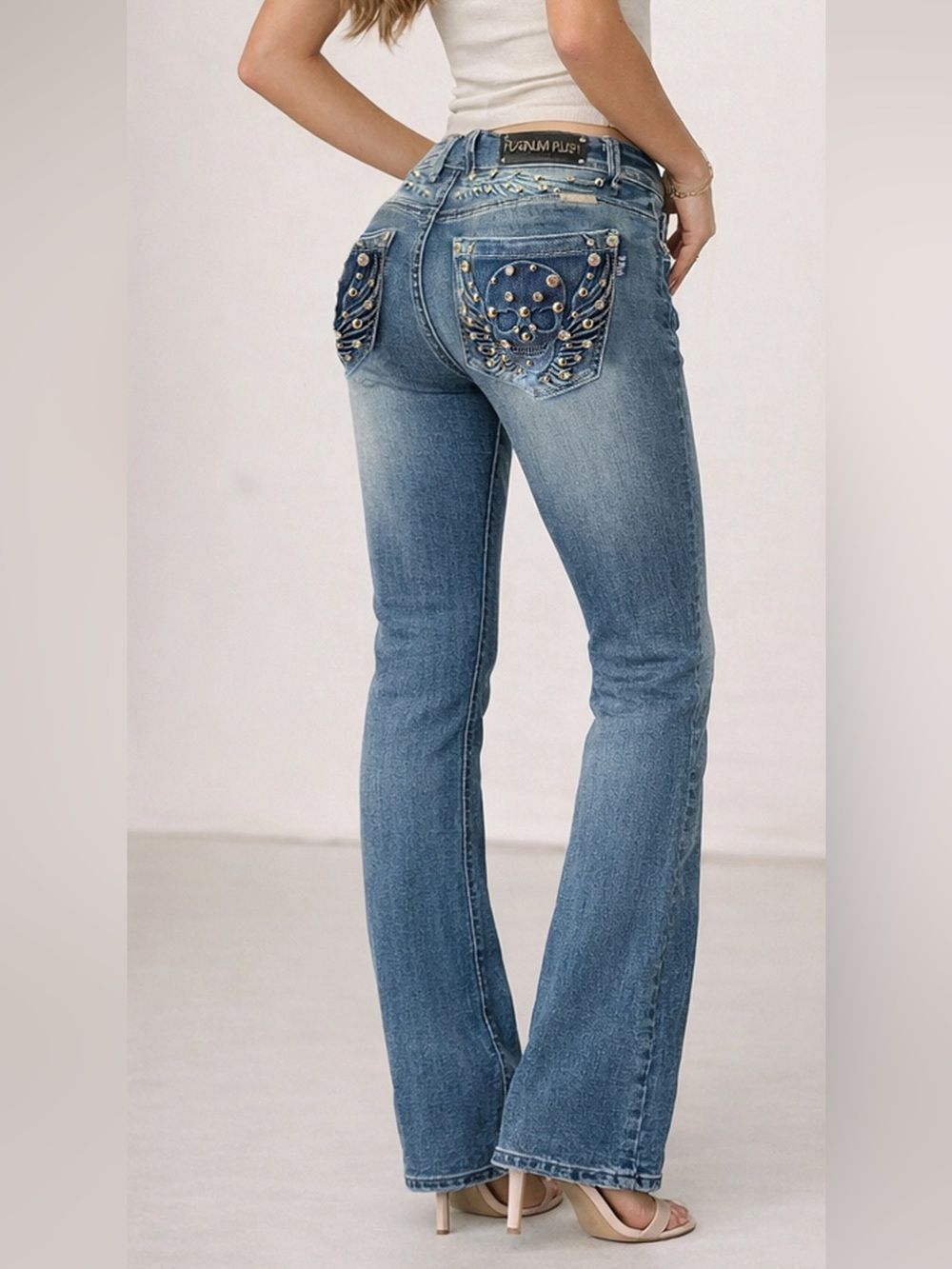 Women’s Rhinestone Bootcut Biker Jeans – Steel Halo by Platinum Plush